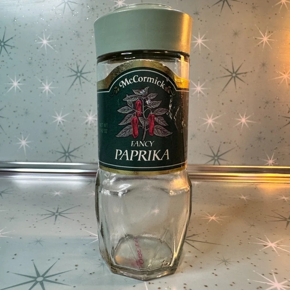 Vintage McCormick Paprika Jar Green Lid & Label Glass Spice Bottle Retro Kitchen